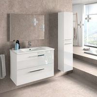 juego de mueble de bano lavabo suspendido 2 cajones espejo lavamanos de ceramica y columna auxiliar de aseo frontales acabados en blanco brillo