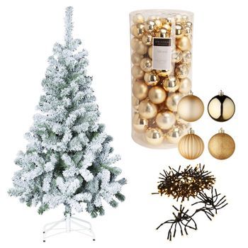 Set Árbol Nevado 210cm Con 192 Led Y 100 Bolas Doradas