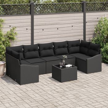 Conjunto De Sofá De Jardín  De 8 Piezas Con Cojines Negro De Ratán V5836 Unico / Negro