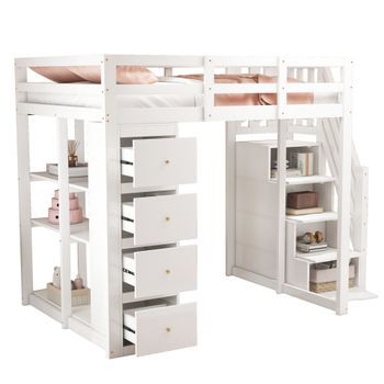 Cama Alta De 140x200 Cm Con Cajones De Almacenaje, Escalera Segura, De Madera Maciza Y Color Blanco.
