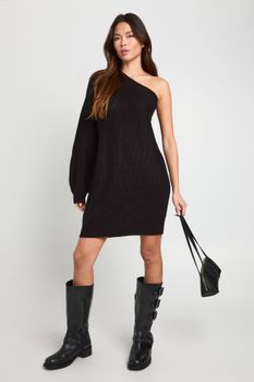 Vestido Mini De Punto Con Un Hombro Descubierto, Negro