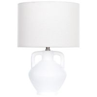 lampara de ceramica de mesa con pantalla de tambor de lino base minimalista blanca labrada
