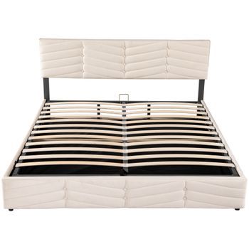 Cama Tapizada 180x200 Cm - Cama Doble Hidráulica Con Cabecero Ajustable, Estilo Rayas, Terciopelo - Beige