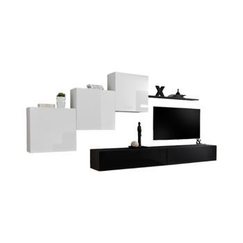 Conjunto De Muebles De Salón Mural Switch X De Diseño, En Colores Negro Y Blanco Brillante.