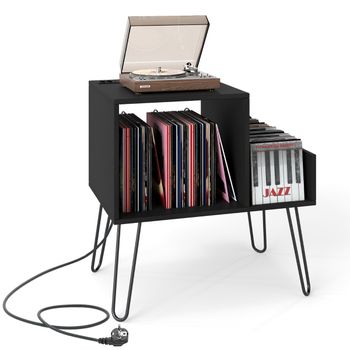 Costway Soporte para Tocadiscos con Estación de Carga Separador Desmontable Estante Exhibición de Vinilos para Dormitorio Sala Oficina Negro