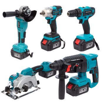 Set De 5 Herramientas Eléctricas, Radial Angular, Martillo Perforador, Taladro, Sierra De Calar Y Llave De Impacto 21v. 4 Baterias De 13000 Mah 21x8x23 Cm. Color: Azul