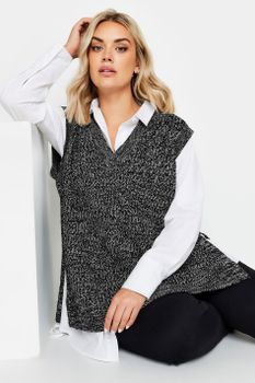 Yours Chaleco De Pico De Punto Gris Y Negro, Mujer Curvy Y Tallas Grandes, Yours