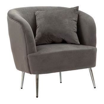Sillón De Metal Plateado Y Terciopelo Gris Con Cojín Cm 73x66x78