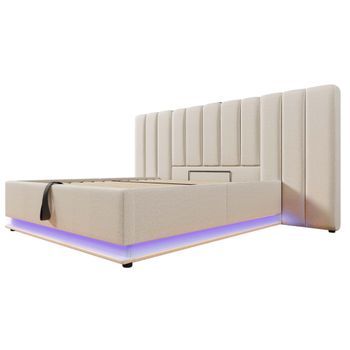 Cama De Lino Beige 160 X 200 Cm Con Cabecero Ancho, Canapé, Led Y Usb-c