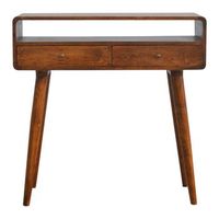 mesa consola curva de madera maciza estilo artesanal color castano