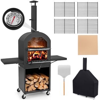 Costway Horno para Pizza para Exteriores con Ruedas Piedra de Pizza Pala 2 Parrillas Termómetro Estantes de Almacenamiento Laterales Negro