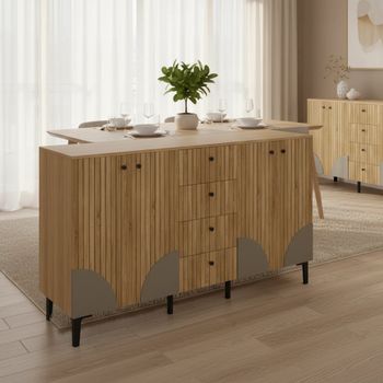 Aparador con efecto madera, 4 puertas estriadas y 4 cajones.