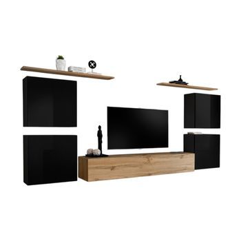 Conjunto De Muebles Para Sala Switch Iv Diseño, Color Roble Wotan Y Negro Brillante.