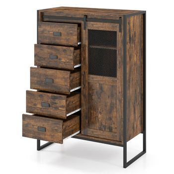 Costway Armario Almacenamiento Suelo Rústico Puerta Corredera 5 Cajones Estantes Ajustables Independiente Baño Salón Cocina Marrón Rústico