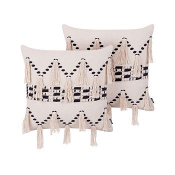 Conjunto De 2 Cojines Decorativos De Algodón Beige 45 X 45 Cm Con Borlas Boho Retro Decoración Accesorios Thondi