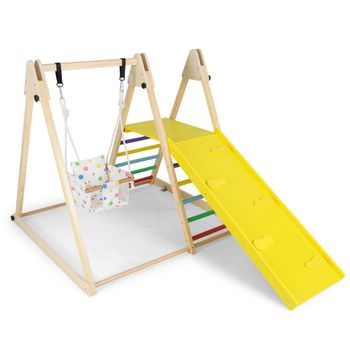 Costway Gimnasio de Jungla 4 en 1 Interior con Columpio Plataforma Descanso Rampa Escalera Juguete Montessori Madera 1+ Años Amarillo