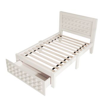 Cama Individual De Madera 90x200 Cm - Cama Infantil Juvenil - Estructura De Madera Maciza - Con Cajones Y Almacenamiento Bajo La Cama - Blanco - Sin Colchón