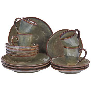 Conjunto De 16 Piezas De Gres Verde Oscuro Marrón 4 Personas Esmalte Reactivo Thyme