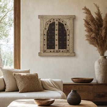 Decoración de pared ventana de teca y hierro beige 45x5x51 cm