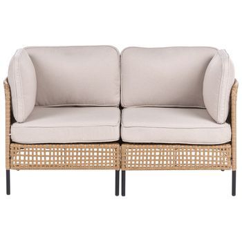 Sofá De Exterior De Ratán Sintético 2 Plazas Estructura De Metal Cojines Para El Respaldo Y El Asiento Olefina Repelente Al Agua Con Reposabrazos Beige Claro Omegana