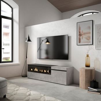 Mueble tv efecto madera cemento 150x35x45cm chimenea efecto fuego