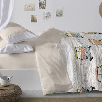 Juego Funda Nórdica 50% Algodón Vintage Furgonetas Cama De 150 Cm Color Azul Burrito Blanco