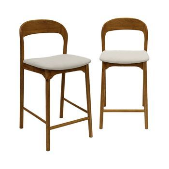 Taburete De Bar Vintage De Madera De Hevea Y Tela, Set De 2, Nogal