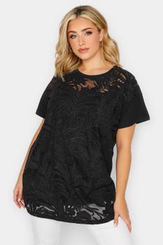 Yours Camiseta Negra De Malla Floral, Mujer Curvy Y Tallas Grandes, Yours