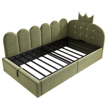 Sofá Cama De Terciopelo Verde 90 X 200 Cm Con Arcón Hidráulico Y Cabecero De Corona, Sin Colchón