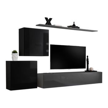 Conjunto De Muebles Para Salón Switch V Diseño, Colores Gris Y Negro Brillante.