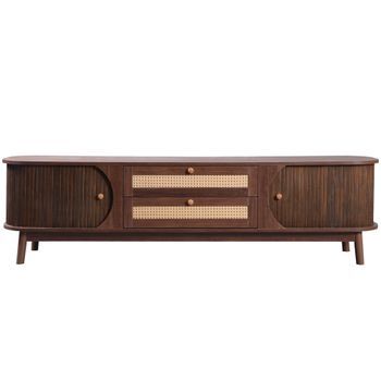 Mueble Tv De Madera Maciza Y Ratán 170 Cm - 2 Cajones Y 2 Puertas - Estilo Rústico - Marrón