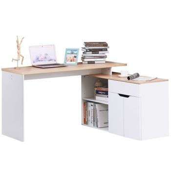Escritorio Esquinero Con Estantería De Mdf Homcom 140 X 117 X 76 Cm – Madera Y Blanco
