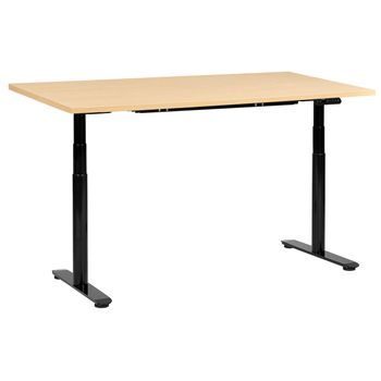 Escritorio De Altura Regulable Eléctrico Moderno Patas Redondas 160 X 72 Cm Tablero Marrón Claro Y Base Negra Destinas