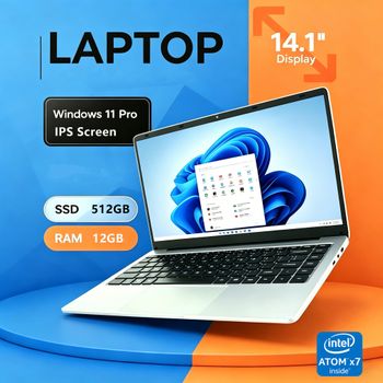 Laptop FUCHU de 14.1'' con Windows 11, Intel Atom X7 A3950 180 °   Portátil Plegable Delgado, 12GB RAM, 512GB/1TB SSD, 1920*1080, Computadora para Oficina y Estudio