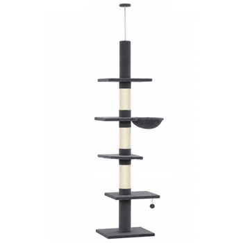 PawHut Rascador hasta el techo 225-255 cm regulable Árbol para gatos con 5 niveles 3 postes rascadores de sisal, hamaca, plataformas