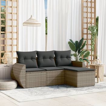 Conjunto De Sofás De Jardín 4 Uds | Mueble Jardin Mesa Y Sillas Y Cojines Ratán Sintético Gris Cfw941486