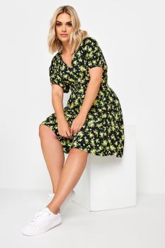 Yours Vestido Corto Negro De Flores Amarillas En Viscosa, Mujer Curvy Y Tallas Grandes, Yours