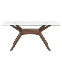 mesa de comedor 160 con tablero de vidrio y patas de nogal