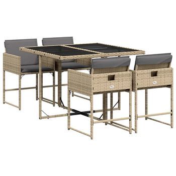 Conjunto Comedor Jardin 5 Uds | Mueble Jardin Mesa Y Sillas Con Cojines Ratán Sintético Beige