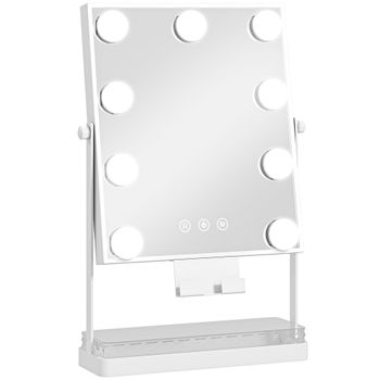 HOMCOM Hollywood Espejo de Maquillaje con Luz 9 Bombillas LED 3 Colores Interruptor Táctil Soporte para Teléfono Blanco