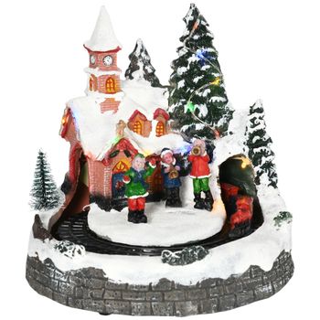 HOMCOM Pueblo Navideño Escena Navideña con Luces LED y Tren Móvil Decoración Navideña Sobremesa 20x19,5x20 cm Multicolor   Aosom España