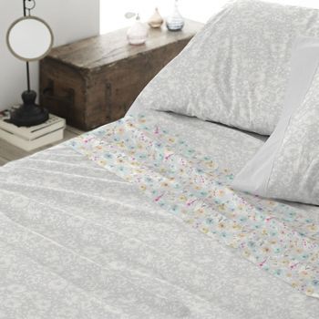 Juego De Sábanas 50% Algodón 50% Poliéster Diseño Florecillas Silvestres 105 X 190/200 Cm - Gris - Burrito Blanco
