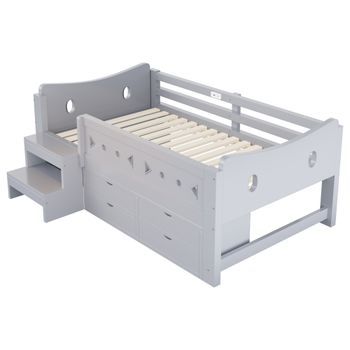 Cama Infantil 90x200 Cm Gris Con Cajones, Barreras, Luz Led Y Puertos Usb Y Tipo C
