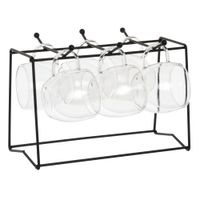 set de 6 tazas de cafe de doble pared en vidrio y soporte de metal negro