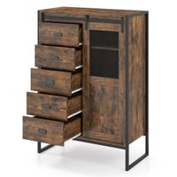 costway armario almacenamiento suelo rustico puerta corredera 5 cajones estantes ajustables independiente bano salon cocina marron rustico
