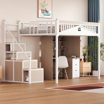 Cama Alta De Metal 140 X 200 Cm, Barandilla De Seguridad De Metal Con Bolas Metálicas Y Diseño De Ventana, Escalera Reversible (izquierda/derecha), Escalera De Seguridad Con Casilleros, Blanco