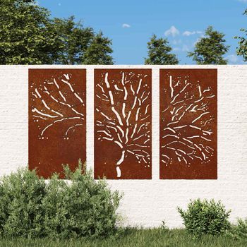 Adorno Pared Jardín 3 Pzas Acero Corten Diseño Árbol 105x55 Cm Cfw20286