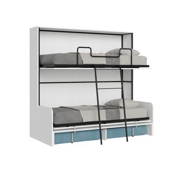 Cama Doble Abatible Kando Con Sofá De Fresno Blanco, Azul Claro
