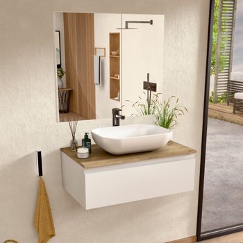 Mueble Baño Suspendido 60 Cm Blanco/roble, Lavabo Y Espejo Bellobath