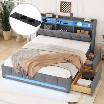 Cama Tapizada 140 X 200 Cm Con Cabecero Y 2 Cajones - Leds Y Tomas Usb - Tela De Lino - Gris (sin Colchón)